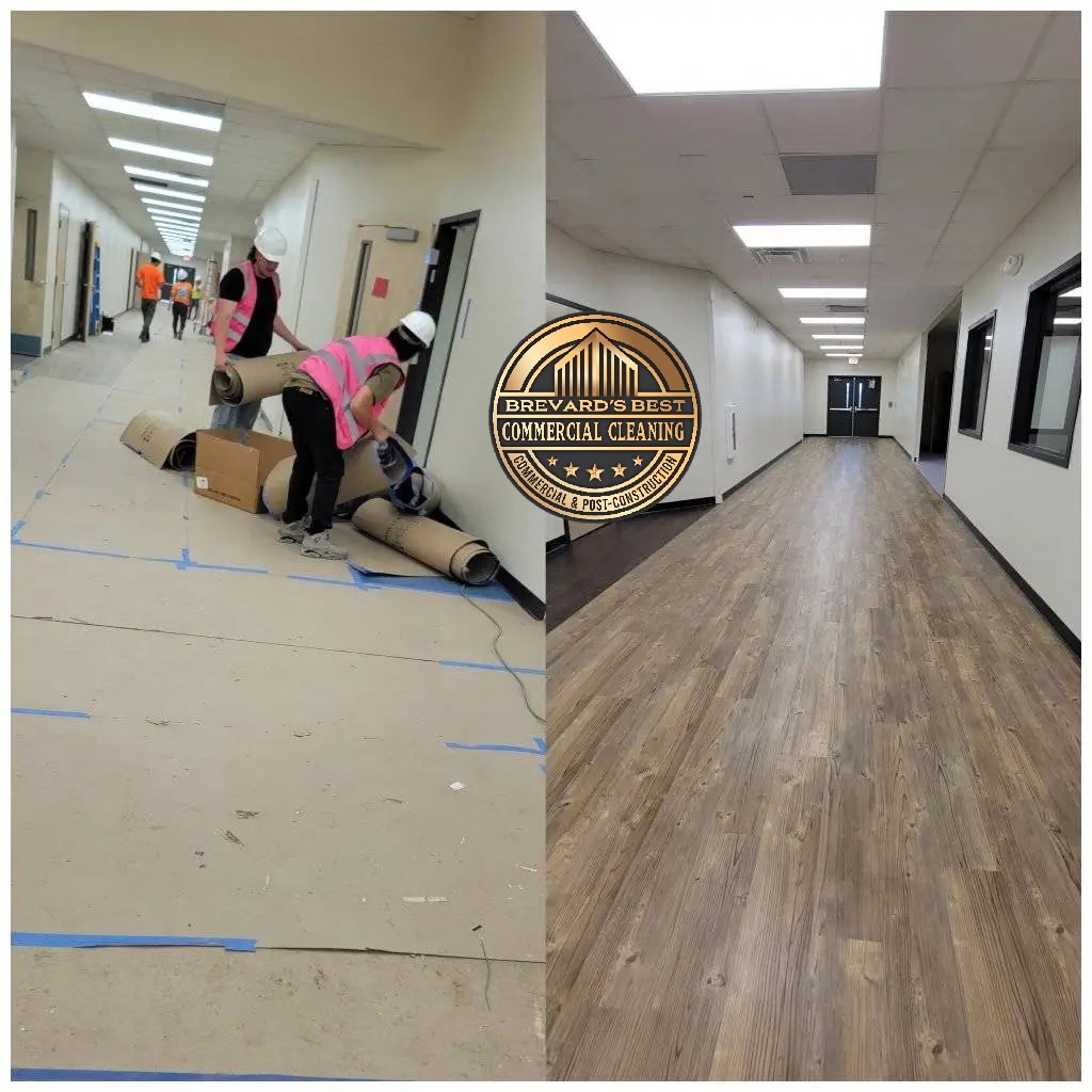 Workers removing debris and floor coverings after construction